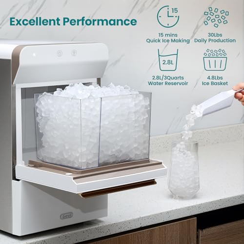 Gevi Household V2.0 Countertop Nugget Ice Maker | Self-Cleaning Pellet Ice Machine | Open and Pour Water Refill | Stainless Steel Housing | Fit Under Wall Cabinet | White
