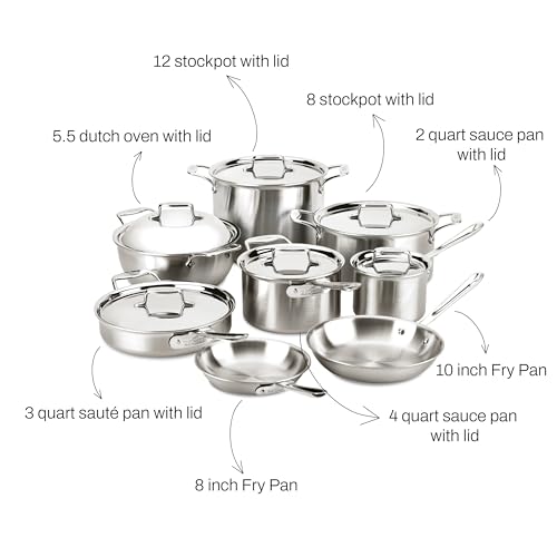 All-Clad D5 5-Ply Brushed Stainless Steel Cookware Set 14 Piece Induction Oven Broiler Safe 600F Pots and Pans Silver