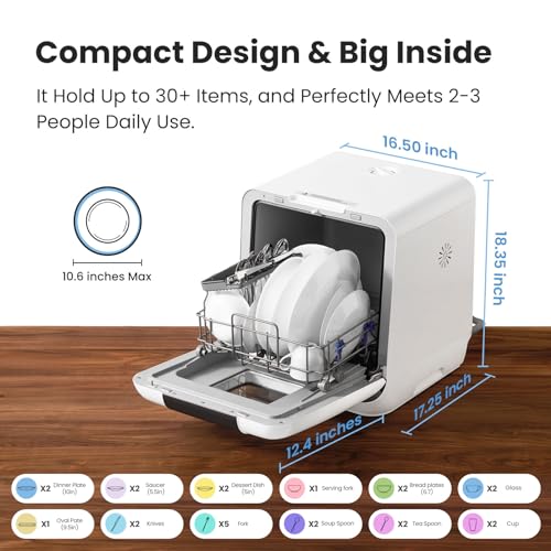 COMFEE' Countertop Dishwasher, Portable Dishwasher with 6L Built-in Water Tank, Mini Dishwasher with More Space Inside, 7 Programs, UV Hygiene& Auto Door Open, for Apartments, Dorms& RVs, White