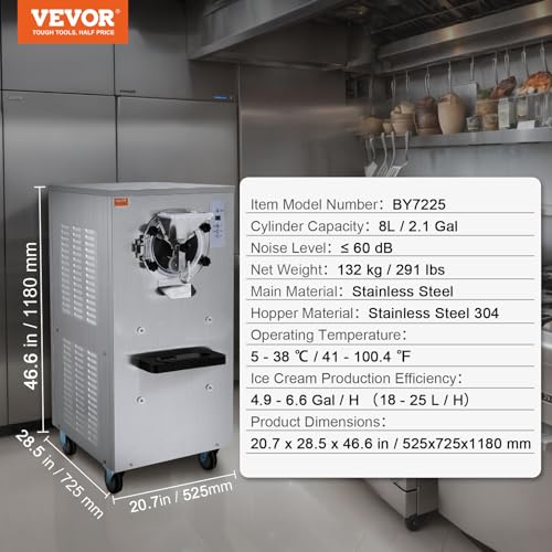 VEVOR Commercial Ice Cream Machine, 20-25L/H Yield, 2400W 1-Flavor Hard Serve Ice Cream Maker, 8L Stainless Steel Cylinder, Digital Display Auto Clean Adjustable Hardness, for Restaurant Snack Bars