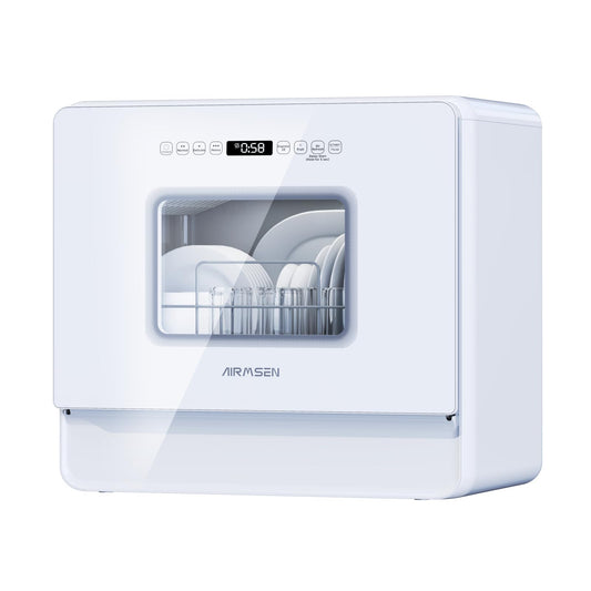 AIRMSEN A01 Portable Countertop Dishwasher, 5 Place Settings& 5L Water Tank for Apartments, 2-Level Rack, 7 Programs, 360° 3-Spray Arms, 167℉ High-Temp& Air-Dry Function, LED Touch Control
