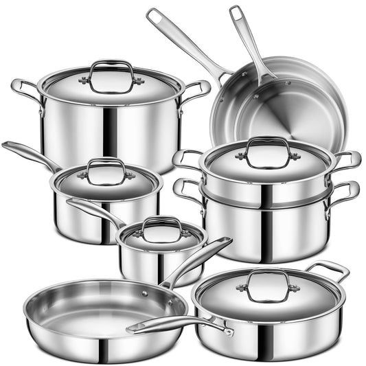 Legend 5 Ply 14 pc All Stainless Steel Heavy Pots & Pans Set | Professional Quality Cookware 5ply Clad Home Cooking & Commercial Kitchen Surface Induction Oven Safe | Non-Teflon PFOA, PTFE & PFOS Free