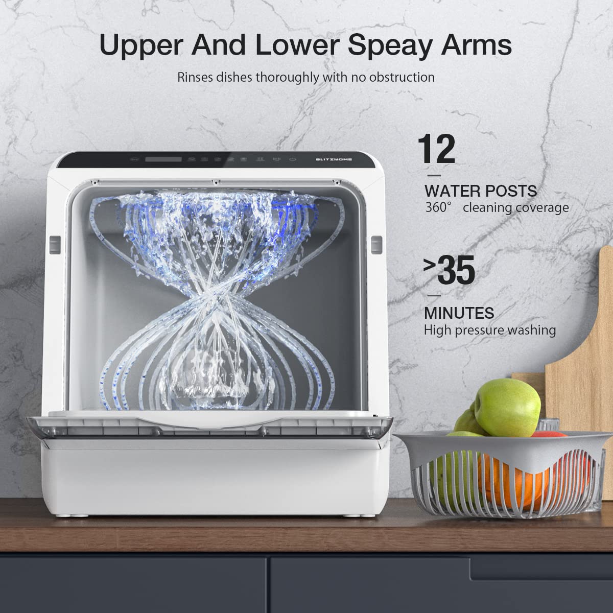 BLITZHOME Portable Dishwasher Countertop, WIFI Smart Dishwasher, Compact Dishwashers with 5L Built-in Water Tank, 6 Programs, 360° Dual Spray, High-Temp& Air-Dry Function, Fruit Cleaning