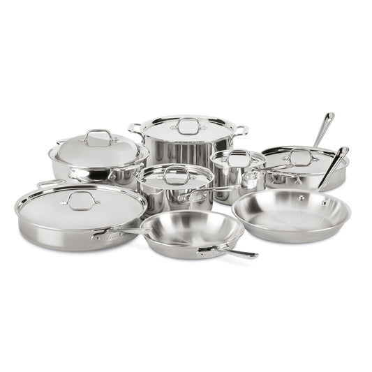All-Clad D3 3-Ply Stainless Steel Cookware Set 14 Piece Induction Oven Broiler Safe 600F Pots and Pans Silver