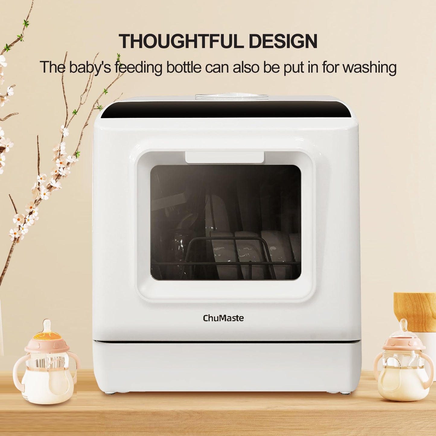 ChuMaste dishwasher, countertop dishwasher with water tank,countertop dishwasher with 5 washing programs, portable dishwasher can also be connected to the tap.