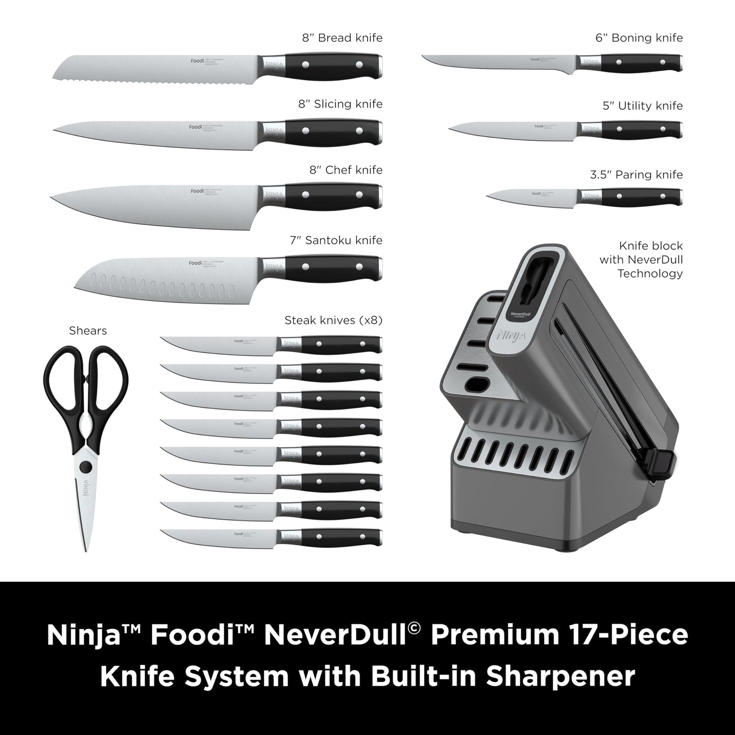 Ninja K32017 Foodi NeverDull Premium Knife System, 17 Piece Knife Block Set with Built-in Sharpener, German Stainless Steel Knives, Black