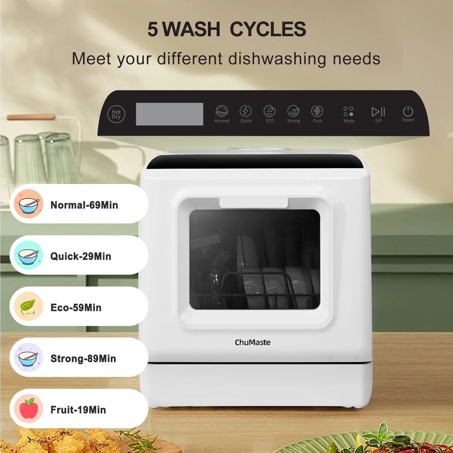 ChuMaste dishwasher, countertop dishwasher with water tank,countertop dishwasher with 5 washing programs, portable dishwasher can also be connected to the tap.