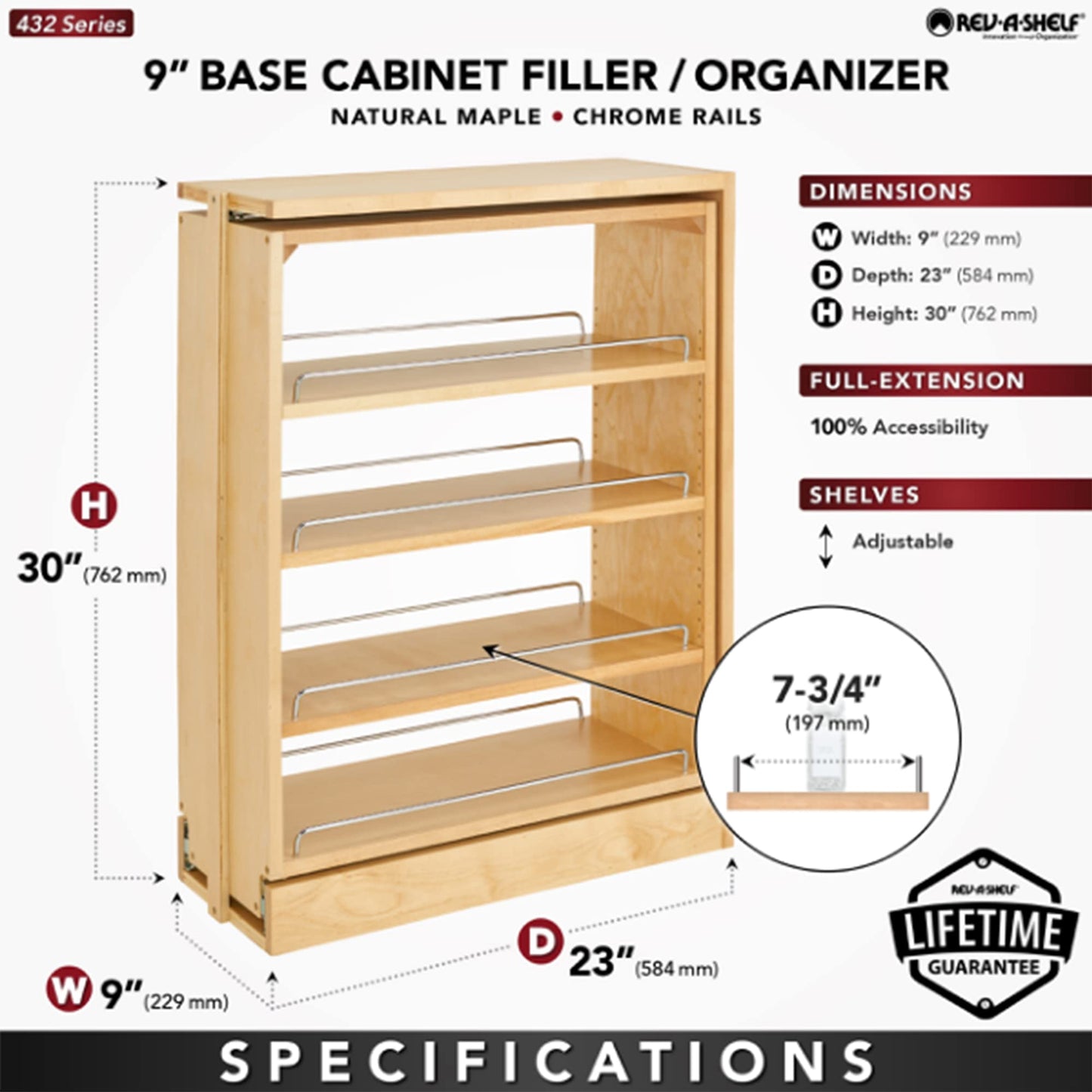 Rev-A-Shelf Pullout Shelf Organizer for Base Kitchen or Bathroom Cabinets, Wood Filler Pantry Storage or Spice Rack, Maple, 9" x 23" x 30", 432-BF-9C