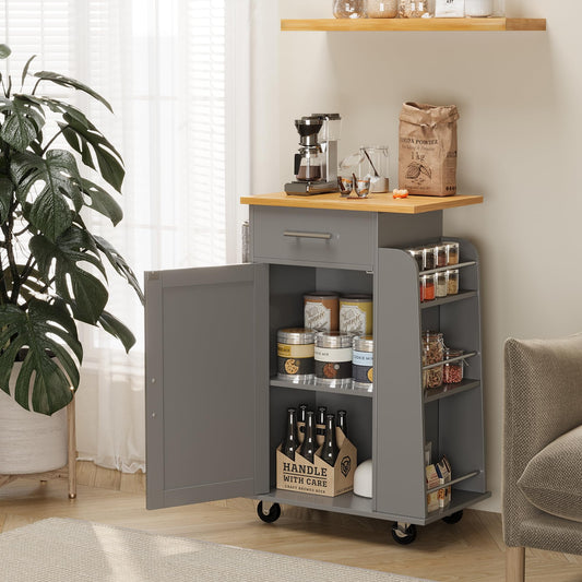 Shintenchi Small Kitchen Island on Wheels with 3-Tier Side Spice Rack and Rubber Wood Top, Trolley Cart with Storage Cabinet & Drawer and Handle/Towel Rack, Gray