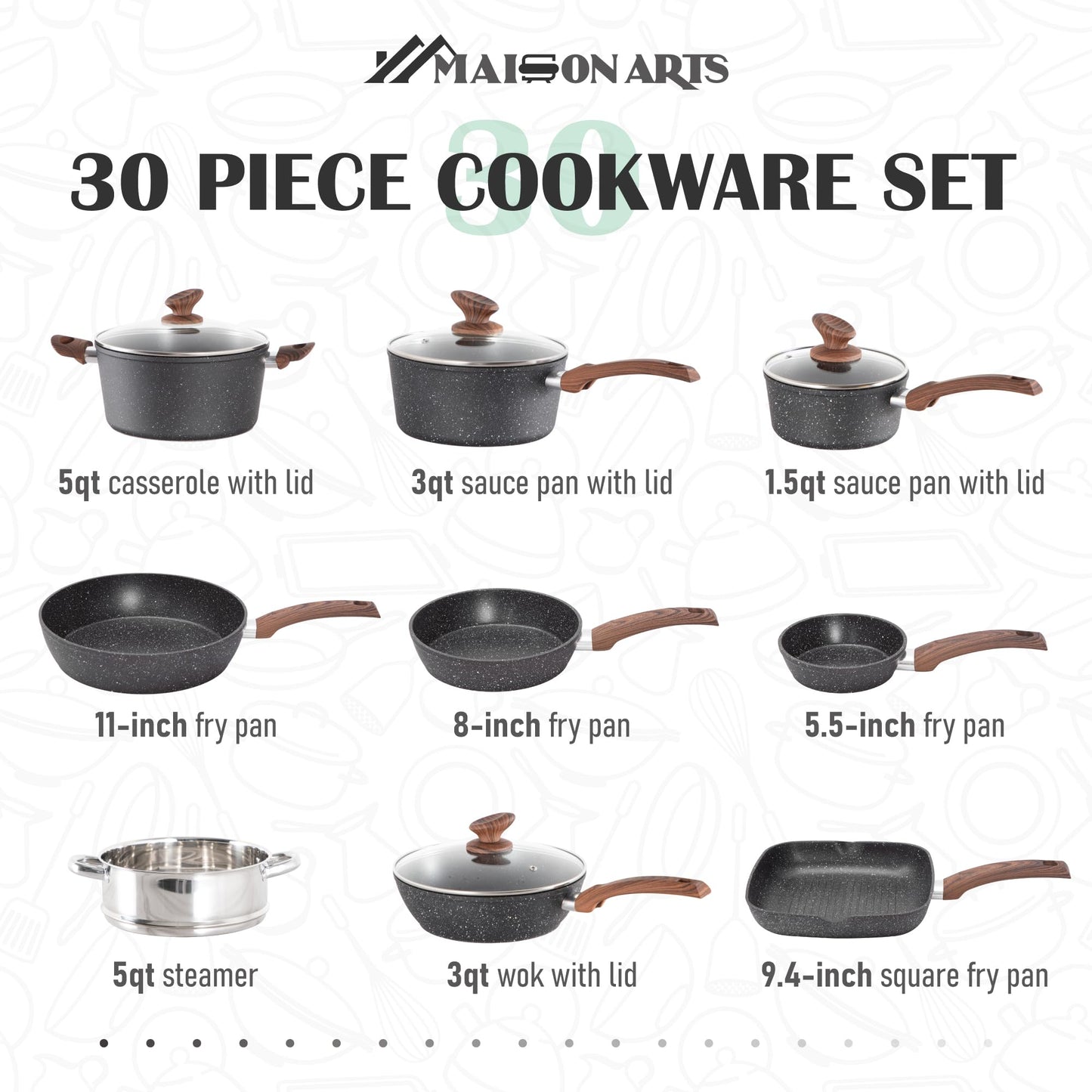 MAISON ARTS 30-Piece Pots and Pans Set - Kitchen Cookware & Bakeware Sets with Nonstick Granite Coating, Baking Pans and Frying Pans set