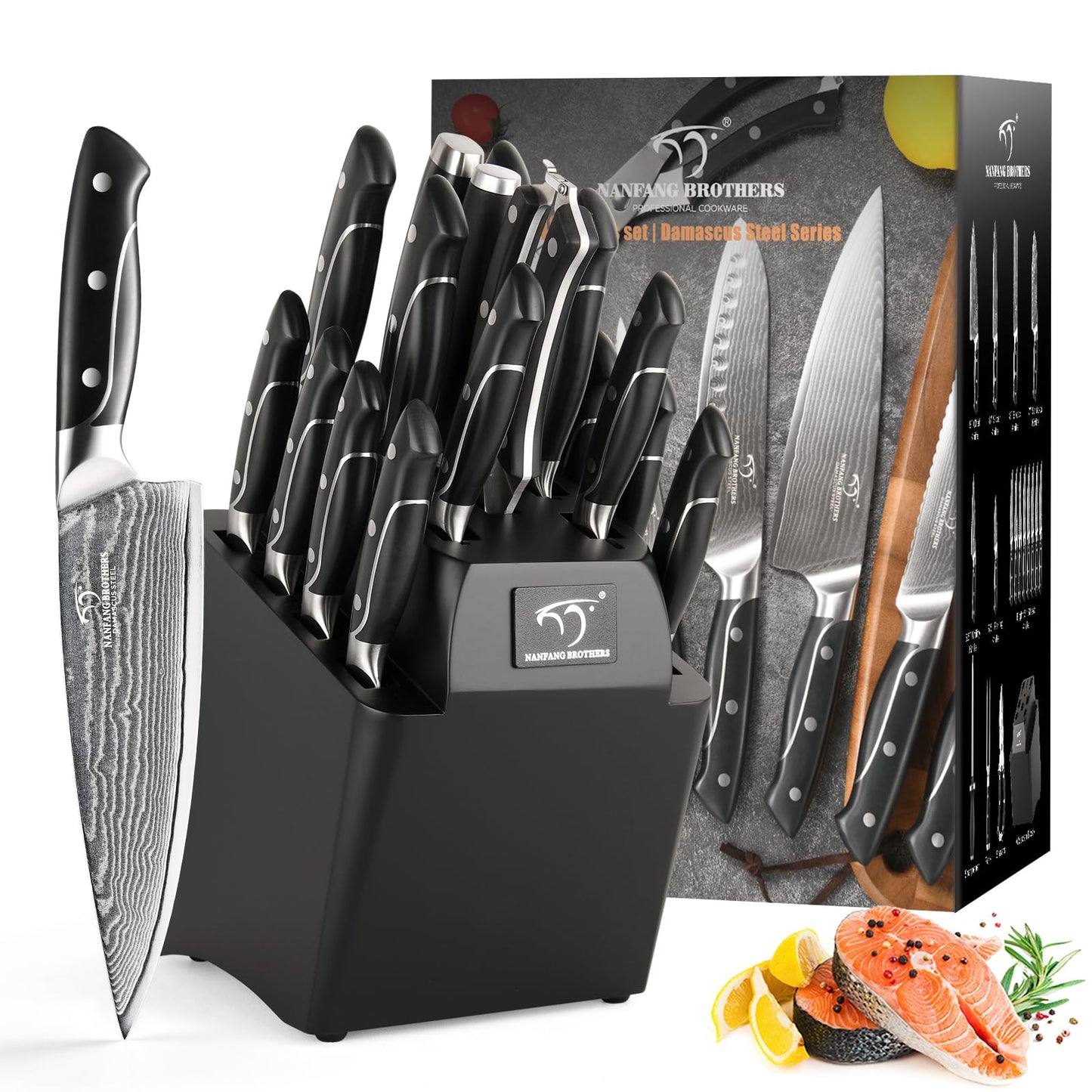 18 Pieces Damascus Kitchen Knife Set, 8 Piece Steak Knives, Non-slip ABS Ergonomic Triple Rivet Handle for Meat Fork, Knife Sharpener and Kitchen Shears, 17 Slots Wooden Knife Block, NF-D0603T-18B