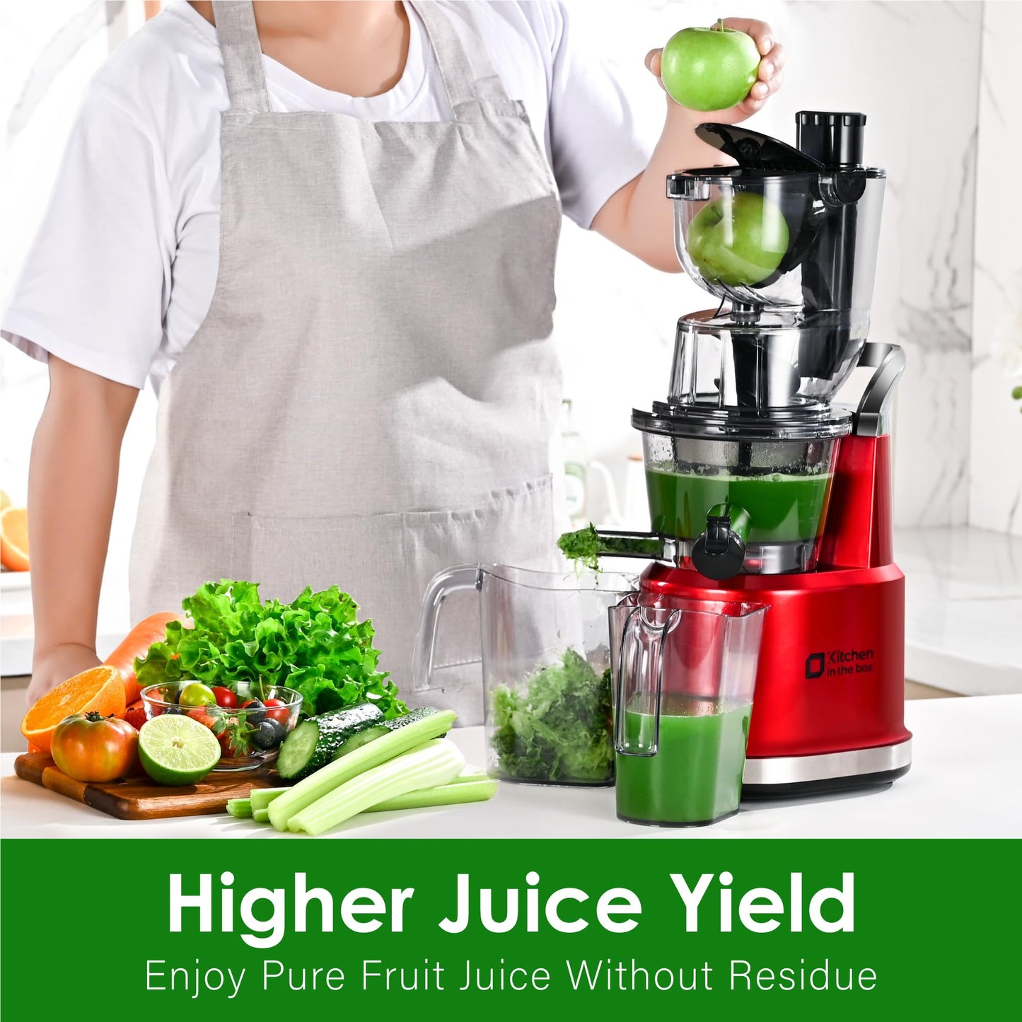 Kitchen in the Box Cold Press Juicer Machines,Slow Masticating Juicer Machine, With 3.26" Wide Feed Chute for Whole Fruits and Vegetables,BPA-Free,High Juice Yield Juicer Maker,Easy to Clean (Red)
